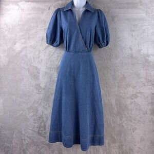WYSE London Freja Denim Dress Womens Size 1R Blue Midi Wrap Puff Sleeve